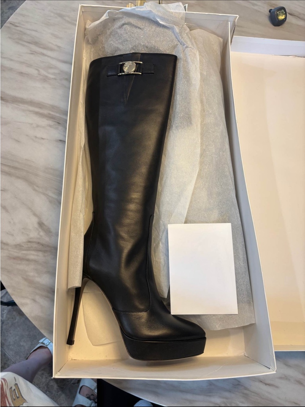 Versace Black Leather Knee-High Platform Stiletto Boot